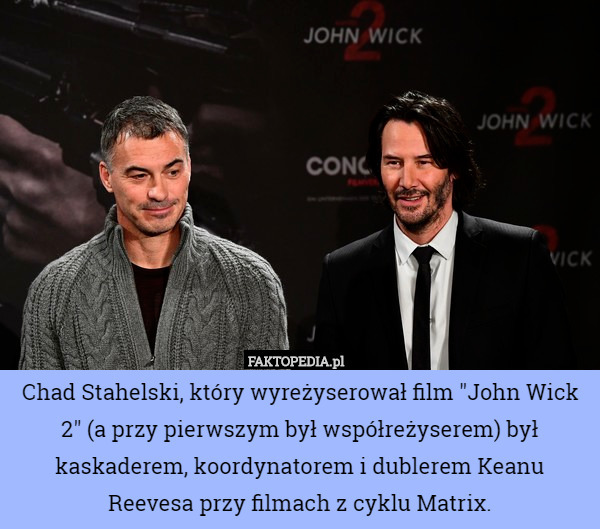 Chad Stahelski, który wyreżyserował film "John Wick 2" (a przy pierwszym był współreżyserem) był kaskaderem, koordynatorem i dublerem Keanu Reevesa przy filmach z cyklu Matrix. 