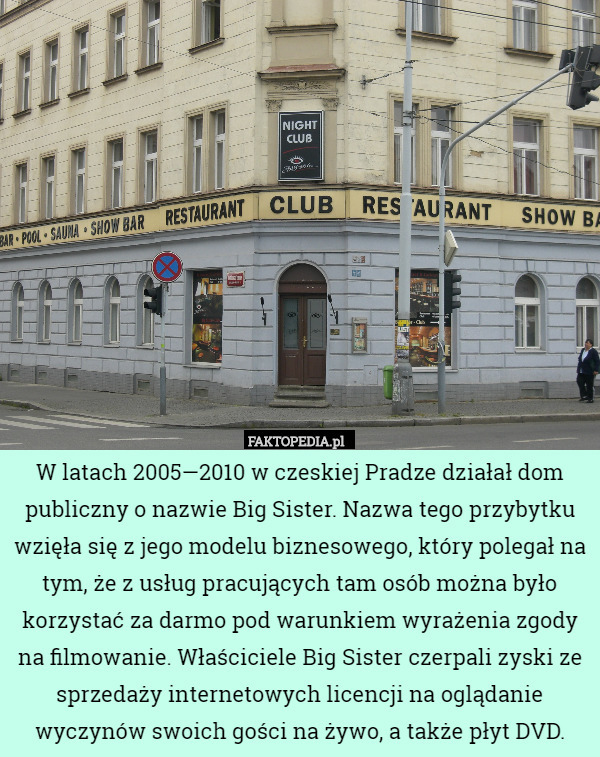 W latach 2005—2010 w czeskiej Pradze działał dom publiczny o nazwie Big Sister. Nazwa tego przybytku wzięła się z jego modelu biznesowego, który polegał na tym, że z usług pracujących tam osób można było korzystać za darmo pod warunkiem wyrażenia zgody na filmowanie. Właściciele Big Sister czerpali zyski ze sprzedaży internetowych licencji na oglądanie wyczynów swoich gości na żywo, a także płyt DVD. 