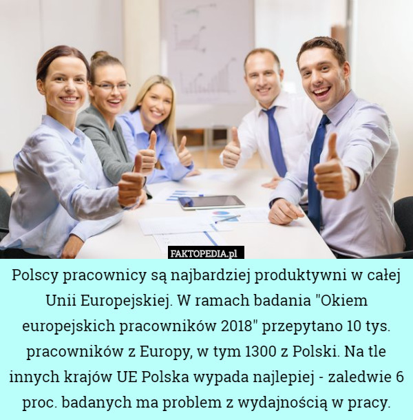 Polscy pracownicy są najbardziej produktywni w całej Unii Europejskiej. W ramach badania "Okiem europejskich pracowników 2018" przepytano 10 tys. pracowników z Europy, w tym 1300 z Polski. Na tle innych krajów UE Polska wypada najlepiej - zaledwie 6 proc. badanych ma problem z wydajnością w pracy. 