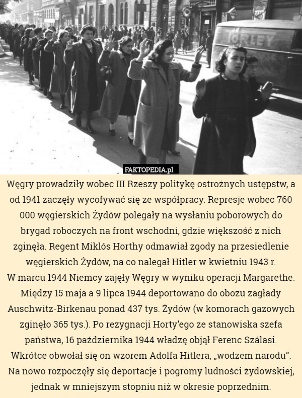 Węgry prowadziły wobec III Rzeszy politykę ostrożnych ustępstw, a od 1941 zaczęły wycofywać się ze współpracy. Represje wobec 760 000 węgierskich Żydów polegały na wysłaniu poborowych do brygad roboczych na front wschodni, gdzie większość z nich zginęła. Regent Miklós Horthy odmawiał zgody na przesiedlenie węgierskich Żydów, na co nalegał Hitler w kwietniu 1943 r.
 W marcu 1944 Niemcy zajęły Węgry w wyniku operacji Margarethe. Między 15 maja a 9 lipca 1944 deportowano do obozu zagłady Auschwitz-Birkenau ponad 437 tys. Żydów (w komorach gazowych zginęło 365 tys.). Po rezygnacji Horty’ego ze stanowiska szefa państwa, 16 października 1944 władzę objął Ferenc Szálasi. Wkrótce obwołał się on wzorem Adolfa Hitlera, „wodzem narodu”. Na nowo rozpoczęły się deportacje i pogromy ludności żydowskiej, jednak w mniejszym stopniu niż w okresie poprzednim. 