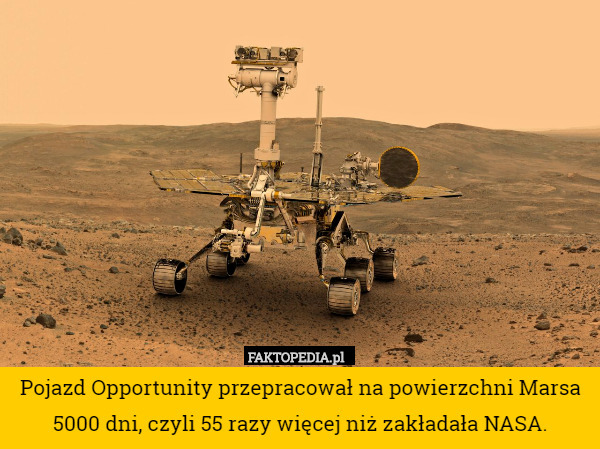 Pojazd Opportunity przepracował na powierzchni Marsa 5000 dni, czyli 55 razy więcej niż zakładała NASA. 