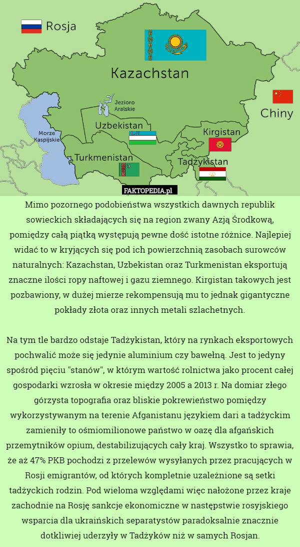 Mimo pozornego podobieństwa wszystkich dawnych republik sowieckich składających się na region zwany Azją Środkową, pomiędzy całą piątką występują pewne dość istotne różnice. Najlepiej widać to w kryjących się pod ich powierzchnią zasobach surowców naturalnych: Kazachstan, Uzbekistan oraz Turkmenistan eksportują znaczne ilości ropy naftowej i gazu ziemnego. Kirgistan takowych jest pozbawiony, w dużej mierze rekompensują mu to jednak gigantyczne pokłady złota oraz innych metali szlachetnych.

Na tym tle bardzo odstaje Tadżykistan, który na rynkach eksportowych pochwalić może się jedynie aluminium czy bawełną. Jest to jedyny spośród pięciu "stanów", w którym wartość rolnictwa jako procent całej gospodarki wzrosła w okresie między 2005 a 2013 r. Na domiar złego górzysta topografia oraz bliskie pokrewieństwo pomiędzy wykorzystywanym na terenie Afganistanu językiem dari a tadżyckim zamieniły to ośmiomilionowe państwo w oazę dla afgańskich przemytników opium, destabilizujących cały kraj. Wszystko to sprawia, że aż 47% PKB pochodzi z przelewów wysyłanych przez pracujących w Rosji emigrantów, od których kompletnie uzależnione są setki tadżyckich rodzin. Pod wieloma względami więc nałożone przez kraje zachodnie na Rosję sankcje ekonomiczne w następstwie rosyjskiego wsparcia dla ukraińskich separatystów paradoksalnie znacznie dotkliwiej uderzyły w Tadżyków niż w samych Rosjan. 