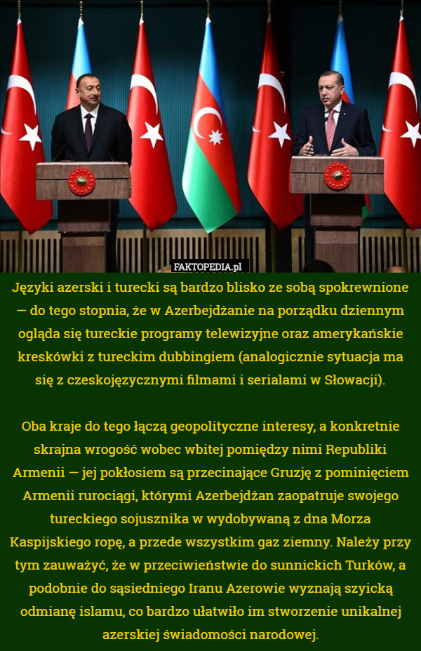 Języki azerski i turecki są bardzo blisko ze sobą spokrewnione — do tego stopnia, że w Azerbejdżanie na porządku dziennym ogląda się tureckie programy telewizyjne oraz amerykańskie kreskówki z tureckim dubbingiem (analogicznie sytuacja ma się z czeskojęzycznymi filmami i serialami w Słowacji).

Oba kraje do tego łączą geopolityczne interesy, a konkretnie skrajna wrogość wobec wbitej pomiędzy nimi Republiki Armenii — jej pokłosiem są przecinające Gruzję z pominięciem Armenii rurociągi, którymi Azerbejdżan zaopatruje swojego tureckiego sojusznika w wydobywaną z dna Morza Kaspijskiego ropę, a przede wszystkim gaz ziemny. Należy przy tym zauważyć, że w przeciwieństwie do sunnickich Turków, a podobnie do sąsiedniego Iranu Azerowie wyznają szyicką odmianę islamu, co bardzo ułatwiło im stworzenie unikalnej azerskiej świadomości narodowej. 
