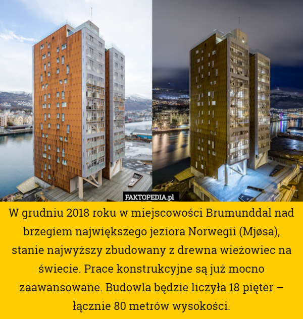 W grudniu 2018 roku w miejscowości Brumunddal nad brzegiem największego jeziora Norwegii (Mjøsa), stanie najwyższy zbudowany z drewna wieżowiec na świecie. Prace konstrukcyjne są już mocno zaawansowane. Budowla będzie liczyła 18 pięter – łącznie 80 metrów wysokości. 