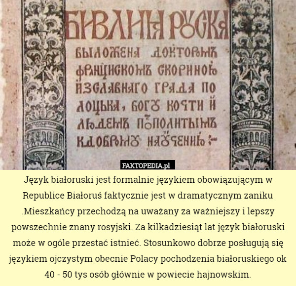 Język białoruski jest formalnie językiem obowiązującym w Republice Białoruś faktycznie jest w dramatycznym zaniku .Mieszkańcy przechodzą na uważany za ważniejszy i lepszy powszechnie znany rosyjski. Za kilkadziesiąt lat język białoruski może w ogóle przestać istnieć. Stosunkowo dobrze posługują się językiem ojczystym obecnie Polacy pochodzenia białoruskiego ok 40 - 50 tys osób głównie w powiecie hajnowskim. 