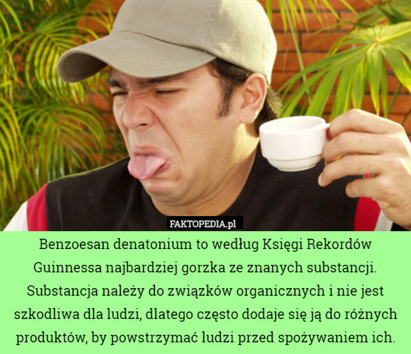 Benzoesan denatonium to według Księgi Rekordów Guinnessa najbardziej gorzka ze znanych substancji. Substancja należy do związków organicznych i nie jest szkodliwa dla ludzi, dlatego często dodaje się ją do różnych produktów, by powstrzymać ludzi przed spożywaniem ich. 