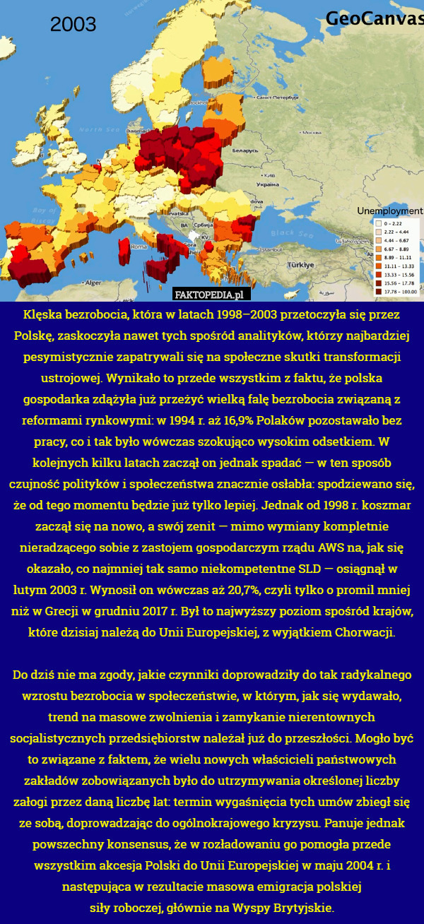 Klęska bezrobocia, która w latach 1998–2003 przetoczyła się przez Polskę, zaskoczyła nawet tych spośród analityków, którzy najbardziej pesymistycznie zapatrywali się na społeczne skutki transformacji ustrojowej. Wynikało to przede wszystkim z faktu, że polska gospodarka zdążyła już przeżyć wielką falę bezrobocia związaną z reformami rynkowymi: w 1994 r. aż 16,9% Polaków pozostawało bez pracy, co i tak było wówczas szokująco wysokim odsetkiem. W kolejnych kilku latach zaczął on jednak spadać — w ten sposób czujność polityków i społeczeństwa znacznie osłabła: spodziewano się, że od tego momentu będzie już tylko lepiej. Jednak od 1998 r. koszmar zaczął się na nowo, a swój zenit — mimo wymiany kompletnie nieradzącego sobie z zastojem gospodarczym rządu AWS na, jak się okazało, co najmniej tak samo niekompetentne SLD — osiągnął w lutym 2003 r. Wynosił on wówczas aż 20,7%, czyli tylko o promil mniej niż w Grecji w grudniu 2017 r. Był to najwyższy poziom spośród krajów, które dzisiaj należą do Unii Europejskiej, z wyjątkiem Chorwacji.

Do dziś nie ma zgody, jakie czynniki doprowadziły do tak radykalnego wzrostu bezrobocia w społeczeństwie, w którym, jak się wydawało, trend na masowe zwolnienia i zamykanie nierentownych socjalistycznych przedsiębiorstw należał już do przeszłości. Mogło być to związane z faktem, że wielu nowych właścicieli państwowych zakładów zobowiązanych było do utrzymywania określonej liczby załogi przez daną liczbę lat: termin wygaśnięcia tych umów zbiegł się ze sobą, doprowadzając do ogólnokrajowego kryzysu. Panuje jednak powszechny konsensus, że w rozładowaniu go pomogła przede wszystkim akcesja Polski do Unii Europejskiej w maju 2004 r. i następująca w rezultacie masowa emigracja polskiej
siły roboczej, głównie na Wyspy Brytyjskie. 