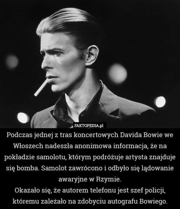Podczas jednej z tras koncertowych Davida Bowie we Włoszech nadeszła anonimowa informacja, że na pokładzie samolotu, którym podróżuje artysta znajduje się bomba. Samolot zawrócono i odbyło się lądowanie awaryjne w Rzymie.
Okazało się, że autorem telefonu jest szef policji, któremu zależało na zdobyciu autografu Bowiego. 