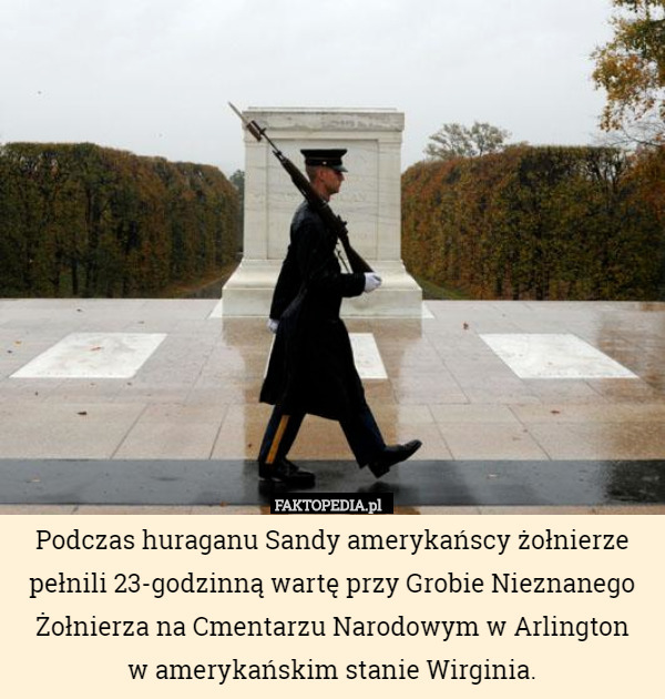 Podczas huraganu Sandy amerykańscy żołnierze pełnili 23-godzinną wartę przy Grobie Nieznanego Żołnierza na Cmentarzu Narodowym w Arlington
w amerykańskim stanie Wirginia. 