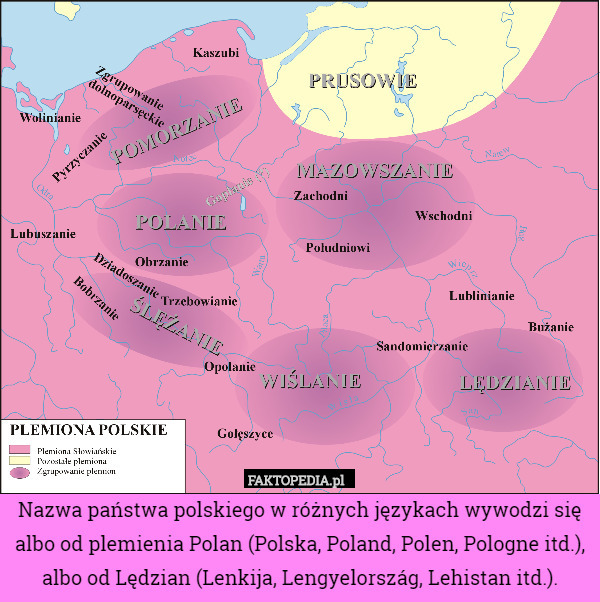Nazwa państwa polskiego w różnych językach wywodzi się albo od plemienia Polan (Polska, Poland, Polen, Pologne itd.), albo od Lędzian (Lenkija, Lengyelország, Lehistan itd.). 