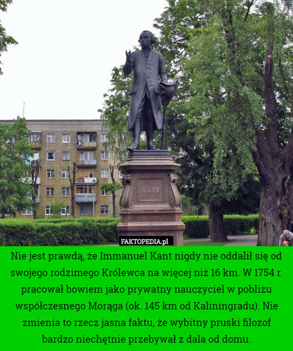 Nie jest prawdą, że Immanuel Kant nigdy nie oddalił się od swojego rodzimego Królewca na więcej niż 16 km. W 1754 r. pracował bowiem jako prywatny nauczyciel w pobliżu współczesnego Morąga (ok. 145 km od Kaliningradu). Nie zmienia to rzecz jasna faktu, że wybitny pruski filozof bardzo niechętnie przebywał z dala od domu. 