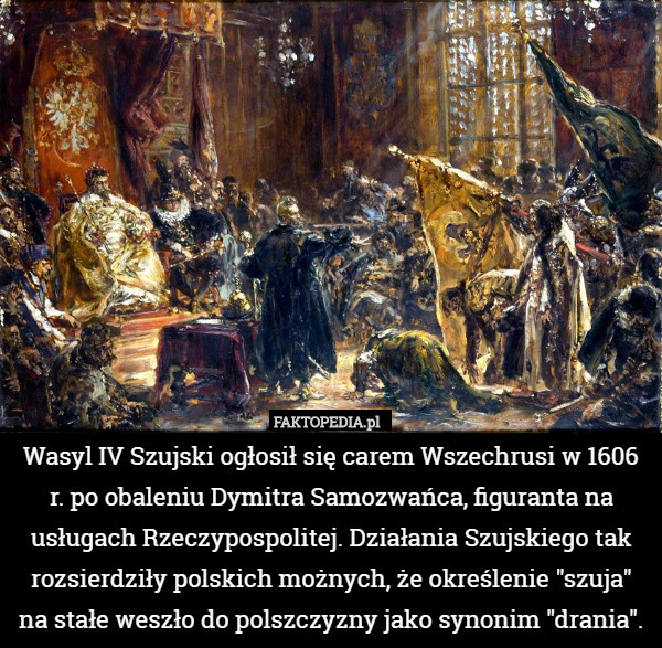 Wasyl IV Szujski ogłosił się carem Wszechrusi w 1606 r. po obaleniu Dymitra Samozwańca, figuranta na usługach Rzeczypospolitej. Działania Szujskiego tak rozsierdziły polskich możnych, że określenie "szuja" na stałe weszło do polszczyzny jako synonim "drania". 