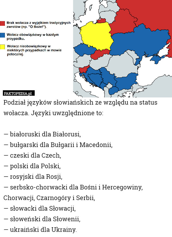 Podział języków słowiańskich ze względu na status wołacza. Języki uwzględnione to:

— białoruski dla Białorusi,
— bułgarski dla Bułgarii i Macedonii,
— czeski dla Czech,
— polski dla Polski,
— rosyjski dla Rosji,
— serbsko-chorwacki dla Bośni i Hercegowiny, Chorwacji, Czarnogóry i Serbii,
— słowacki dla Słowacji,
— słoweński dla Słowenii,
— ukraiński dla Ukrainy. 