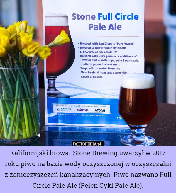Kalifornijski browar Stone Brewing uwarzył w 2017 roku piwo na bazie wody oczyszczonej w oczyszczalni z zanieczyszczeń kanalizacyjnych. Piwo nazwano Full Circle Pale Ale (Pełen Cykl Pale Ale). 