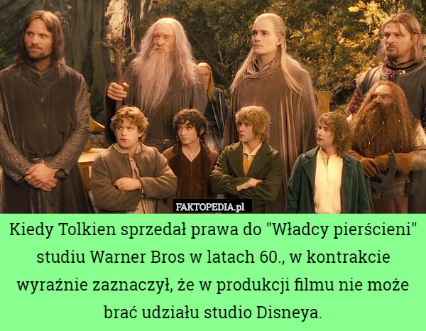 Kiedy Tolkien sprzedał prawa do "Władcy pierścieni" studiu Warner Bros w latach 60., w kontrakcie wyraźnie zaznaczył, że w produkcji filmu nie może brać udziału studio Disneya. 