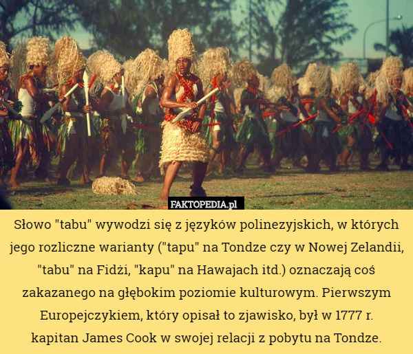 Słowo "tabu" wywodzi się z języków polinezyjskich, w których jego rozliczne warianty ("tapu" na Tondze czy w Nowej Zelandii, "tabu" na Fidżi, "kapu" na Hawajach itd.) oznaczają coś zakazanego na głębokim poziomie kulturowym. Pierwszym Europejczykiem, który opisał to zjawisko, był w 1777 r.
kapitan James Cook w swojej relacji z pobytu na Tondze. 