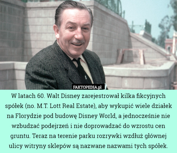 W latach 60. Walt Disney zarejestrował kilka fikcyjnych spółek (no. M.T. Lott Real Estate), aby wykupić wiele działek na Florydzie pod budowę Disney World, a jednocześnie nie wzbudzać podejrzeń i nie doprowadzać do wzrostu cen gruntu. Teraz na terenie parku rozrywki wzdłuż głównej ulicy witryny sklepów są nazwane nazwami tych spółek. 