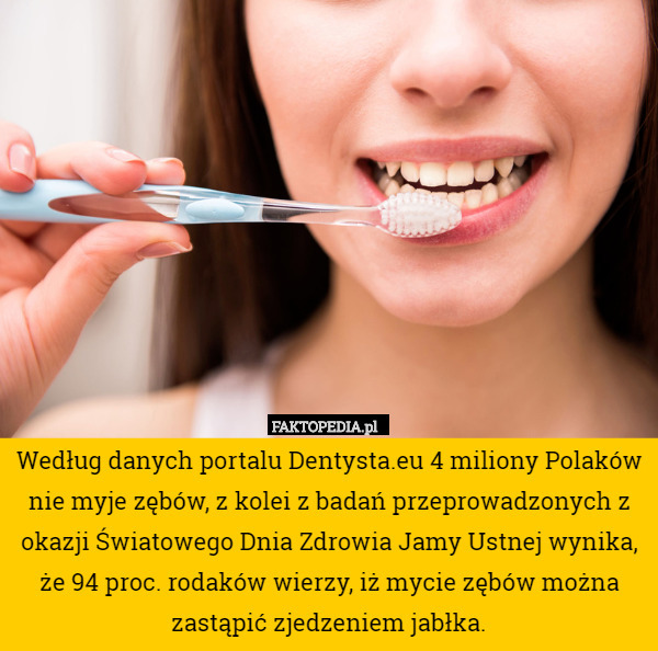 Według danych portalu Dentysta.eu 4 miliony Polaków nie myje zębów, z kolei z badań przeprowadzonych z okazji Światowego Dnia Zdrowia Jamy Ustnej wynika, że 94 proc. rodaków wierzy, iż mycie zębów można zastąpić zjedzeniem jabłka. 