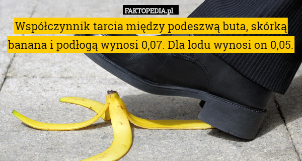 Współczynnik tarcia między podeszwą buta, skórką banana i podłogą wynosi 0,07. Dla lodu wynosi on 0,05. 