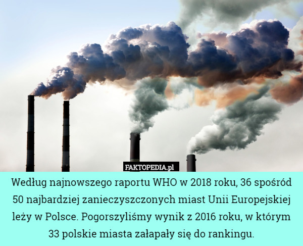 Według najnowszego raportu WHO w 2018 roku, 36 spośród 50 najbardziej zanieczyszczonych miast Unii Europejskiej leży w Polsce. Pogorszyliśmy wynik z 2016 roku, w którym 33 polskie miasta załapały się do rankingu. 