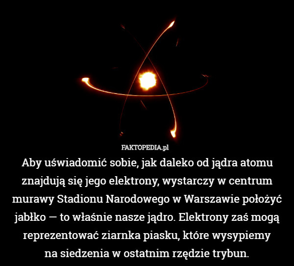 Aby uświadomić sobie, jak daleko od jądra atomu znajdują się jego elektrony, wystarczy w centrum murawy Stadionu Narodowego w Warszawie położyć jabłko — to właśnie nasze jądro. Elektrony zaś mogą reprezentować ziarnka piasku, które wysypiemy
na siedzenia w ostatnim rzędzie trybun. 