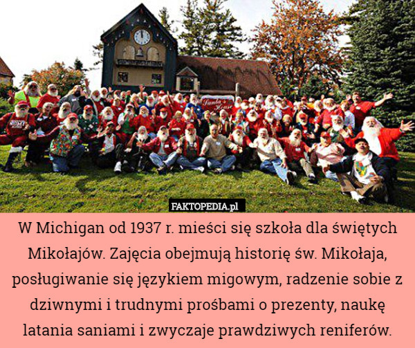 W Michigan od 1937 r. mieści się szkoła dla świętych Mikołajów. Zajęcia obejmują historię św. Mikołaja, posługiwanie się językiem migowym, radzenie sobie z dziwnymi i trudnymi prośbami o prezenty, naukę latania saniami i zwyczaje prawdziwych reniferów. 