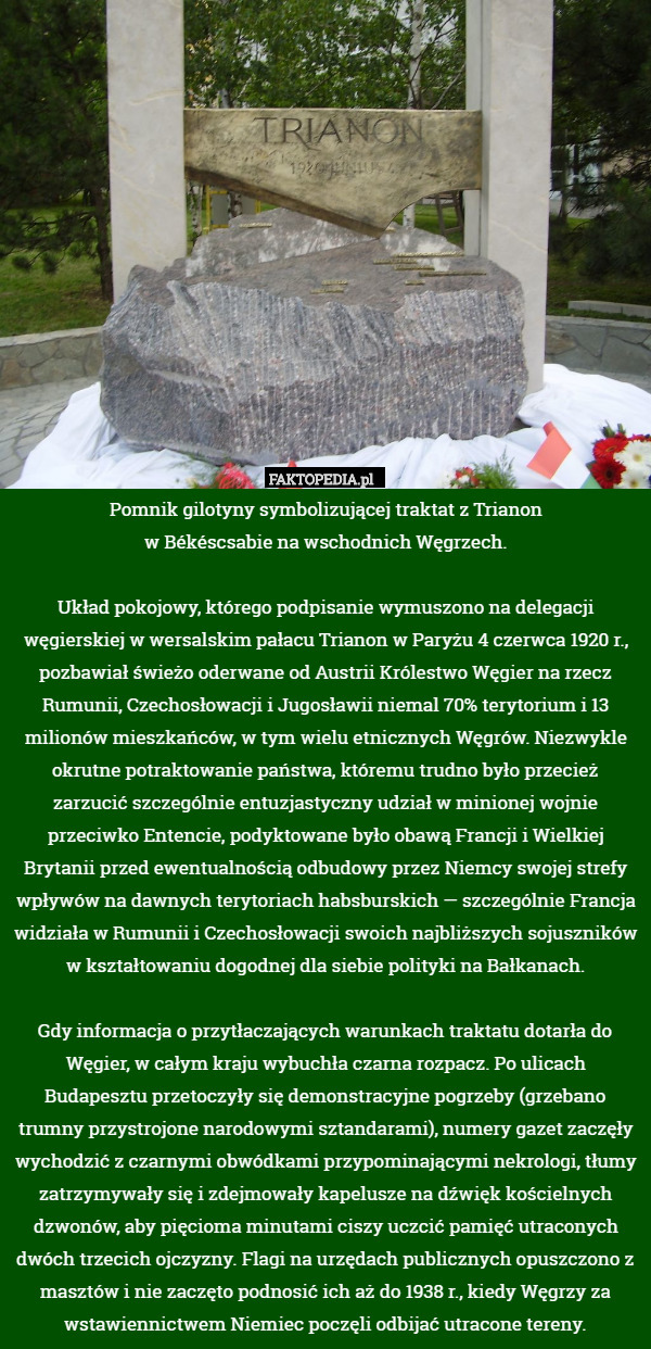 Pomnik gilotyny symbolizującej traktat z Trianon
w Békéscsabie na wschodnich Węgrzech.

Układ pokojowy, którego podpisanie wymuszono na delegacji węgierskiej w wersalskim pałacu Trianon w Paryżu 4 czerwca 1920 r., pozbawiał świeżo oderwane od Austrii Królestwo Węgier na rzecz Rumunii, Czechosłowacji i Jugosławii niemal 70% terytorium i 13 milionów mieszkańców, w tym wielu etnicznych Węgrów. Niezwykle okrutne potraktowanie państwa, któremu trudno było przecież zarzucić szczególnie entuzjastyczny udział w minionej wojnie przeciwko Entencie, podyktowane było obawą Francji i Wielkiej Brytanii przed ewentualnością odbudowy przez Niemcy swojej strefy wpływów na dawnych terytoriach habsburskich — szczególnie Francja widziała w Rumunii i Czechosłowacji swoich najbliższych sojuszników w kształtowaniu dogodnej dla siebie polityki na Bałkanach.

Gdy informacja o przytłaczających warunkach traktatu dotarła do Węgier, w całym kraju wybuchła czarna rozpacz. Po ulicach Budapesztu przetoczyły się demonstracyjne pogrzeby (grzebano trumny przystrojone narodowymi sztandarami), numery gazet zaczęły wychodzić z czarnymi obwódkami przypominającymi nekrologi, tłumy zatrzymywały się i zdejmowały kapelusze na dźwięk kościelnych dzwonów, aby pięcioma minutami ciszy uczcić pamięć utraconych dwóch trzecich ojczyzny. Flagi na urzędach publicznych opuszczono z masztów i nie zaczęto podnosić ich aż do 1938 r., kiedy Węgrzy za wstawiennictwem Niemiec poczęli odbijać utracone tereny. 
