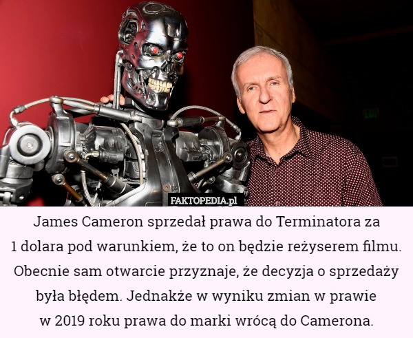 James Cameron sprzedał prawa do Terminatora za
 1 dolara pod warunkiem, że to on będzie reżyserem filmu. Obecnie sam otwarcie przyznaje, że decyzja o sprzedaży była błędem. Jednakże w wyniku zmian w prawie
 w 2019 roku prawa do marki wrócą do Camerona. 