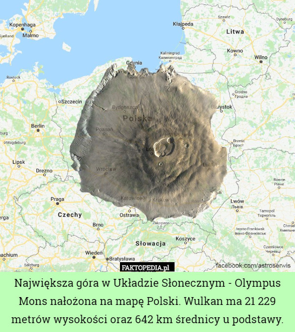 Największa góra w Układzie Słonecznym - Olympus Mons nałożona na mapę Polski. Wulkan ma 21 229 metrów wysokości oraz 642 km średnicy u podstawy. 