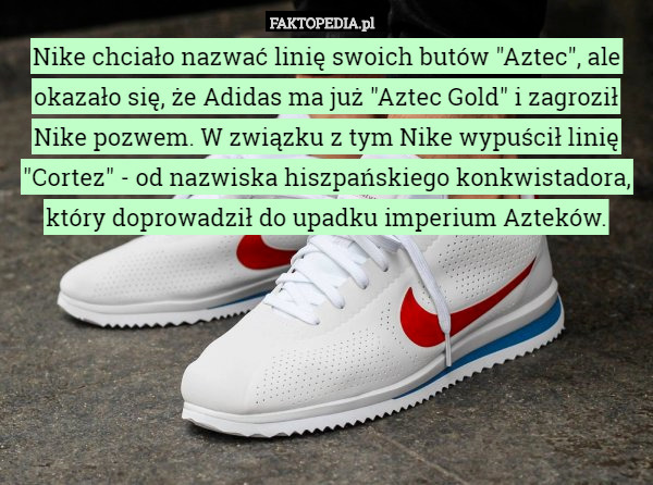Nike chciało nazwać linię swoich butów "Aztec", ale okazało się, że Adidas ma już "Aztec Gold" i zagroził Nike pozwem. W związku z tym Nike wypuścił linię "Cortez" - od nazwiska hiszpańskiego konkwistadora, który doprowadził do upadku imperium Azteków. 