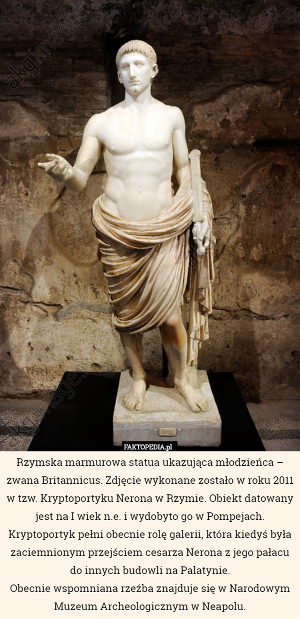 Rzymska marmurowa statua ukazująca młodzieńca – zwana Britannicus. Zdjęcie wykonane zostało w roku 2011 w tzw. Kryptoportyku Nerona w Rzymie. Obiekt datowany jest na I wiek n.e. i wydobyto go w Pompejach.
Kryptoportyk pełni obecnie rolę galerii, która kiedyś była zaciemnionym przejściem cesarza Nerona z jego pałacu do innych budowli na Palatynie.
Obecnie wspomniana rzeźba znajduje się w Narodowym Muzeum Archeologicznym w Neapolu. 