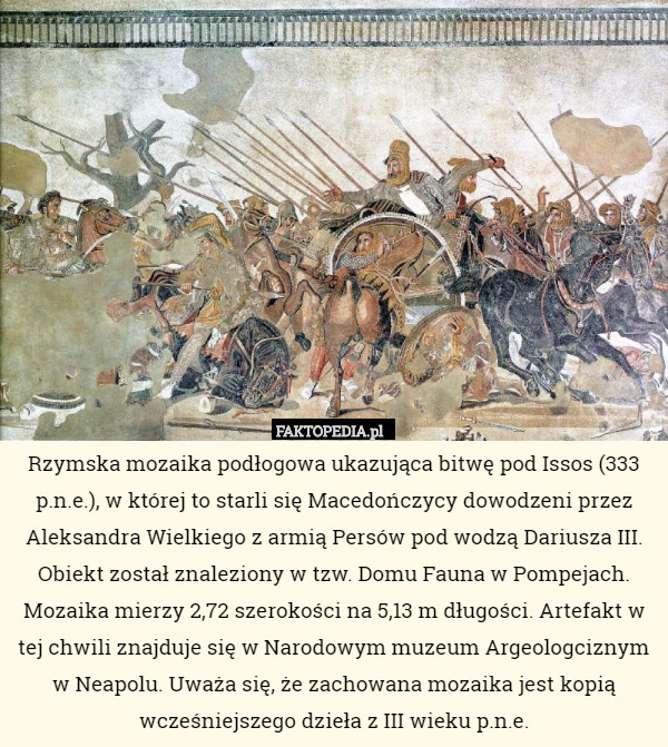 Rzymska mozaika podłogowa ukazująca bitwę pod Issos (333 p.n.e.), w której to starli się Macedończycy dowodzeni przez Aleksandra Wielkiego z armią Persów pod wodzą Dariusza III.
Obiekt został znaleziony w tzw. Domu Fauna w Pompejach. Mozaika mierzy 2,72 szerokości na 5,13 m długości. Artefakt w tej chwili znajduje się w Narodowym muzeum Argeologciznym w Neapolu. Uważa się, że zachowana mozaika jest kopią wcześniejszego dzieła z III wieku p.n.e. 