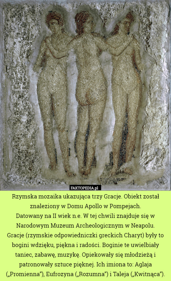 Rzymska mozaika ukazująca trzy Gracje. Obiekt został znaleziony w Domu Apollo w Pompejach.
 Datowany na II wiek n.e. W tej chwili znajduje się w Narodowym Muzeum Archeologicznym w Neapolu.
Gracje (rzymskie odpowiedniczki greckich Charyt) były to bogini wdzięku, piękna i radości. Boginie te uwielbiały taniec, zabawę, muzykę. Opiekowały się młodzieżą i patronowały sztuce pięknej. Ich imiona to: Aglaja („Promienna”), Eufrozyna („Rozumna”) i Taleja („Kwitnąca”). 