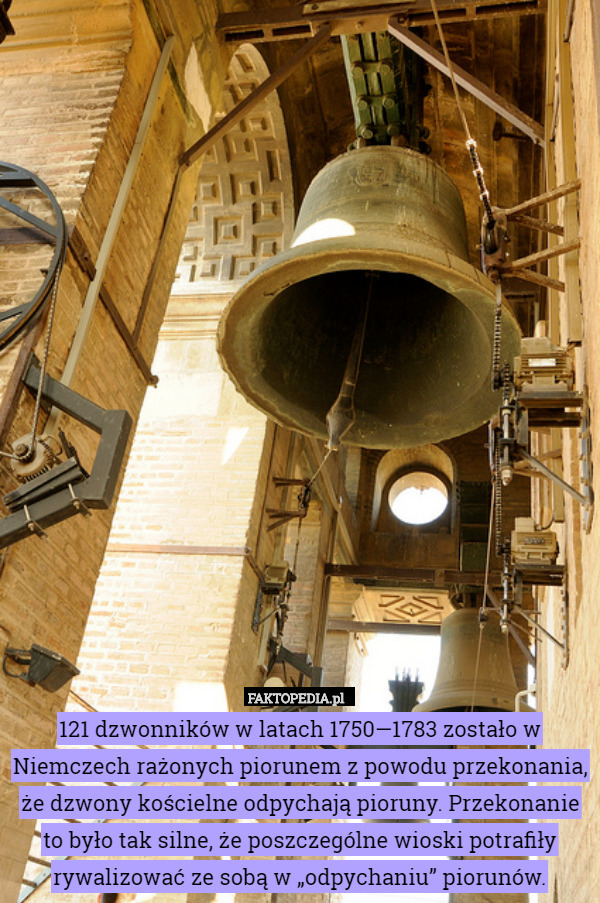 121 dzwonników w latach 1750—1783 zostało w Niemczech rażonych piorunem z powodu przekonania, że dzwony kościelne odpychają pioruny. Przekonanie to było tak silne, że poszczególne wioski potrafiły rywalizować ze sobą w „odpychaniu” piorunów. 