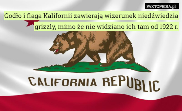 Godło i flaga Kalifornii zawierają wizerunek niedźwiedzia grizzly, mimo że nie widziano ich tam od 1922 r. 
