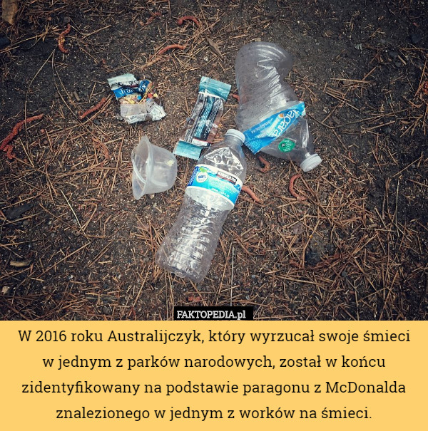 W 2016 roku Australijczyk, który wyrzucał swoje śmieci
w jednym z parków narodowych, został w końcu zidentyfikowany na podstawie paragonu z McDonalda znalezionego w jednym z worków na śmieci. 