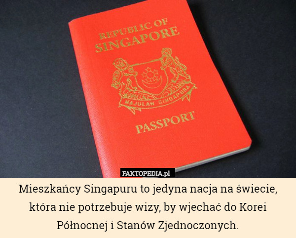 Mieszkańcy Singapuru to jedyna nacja na świecie, która nie potrzebuje wizy, by wjechać do Korei Północnej i Stanów Zjednoczonych. 