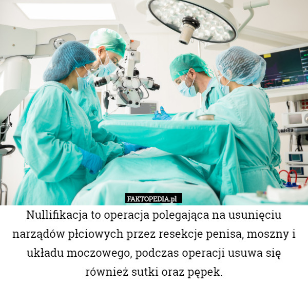 Nullifikacja to operacja polegająca na usunięciu narządów płciowych przez resekcje penisa, moszny i układu moczowego, podczas operacji usuwa się również sutki oraz pępek. 
