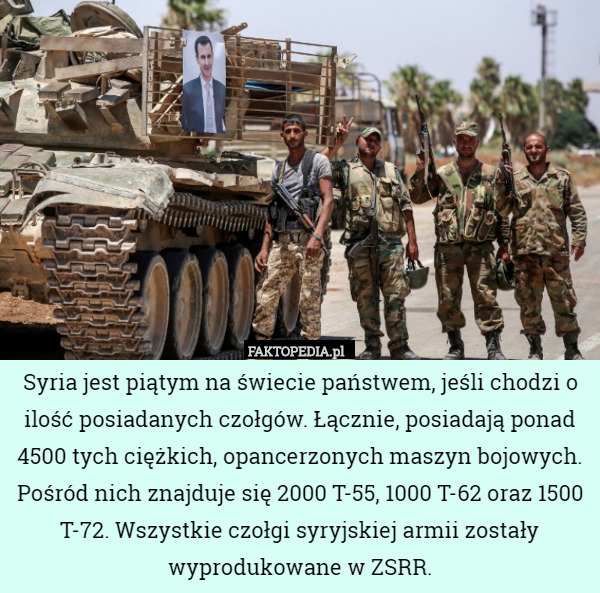 Syria jest piątym na świecie państwem, jeśli chodzi o ilość posiadanych czołgów. Łącznie, posiadają ponad 4500 tych ciężkich, opancerzonych maszyn bojowych. Pośród nich znajduje się 2000 T-55, 1000 T-62 oraz 1500 T-72. Wszystkie czołgi syryjskiej armii zostały wyprodukowane w ZSRR. 