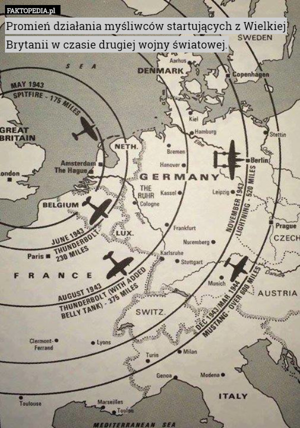 Promień działania myśliwców startujących z Wielkiej Brytanii w czasie drugiej wojny światowej. 