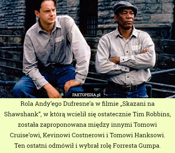 Rola Andy’ego Dufresne’a w filmie „Skazani na Shawshank”, w którą wcielił się ostatecznie Tim Robbins, została zaproponowana między innymi Tomowi Cruise’owi, Kevinowi Costnerowi i Tomowi Hanksowi.
Ten ostatni odmówił i wybrał rolę Forresta Gumpa. 