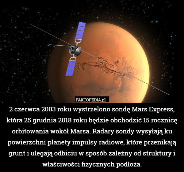 2 czerwca 2003 roku wystrzelono sondę Mars Express, która 25 grudnia 2018 roku będzie obchodzić 15 rocznicę orbitowania wokół Marsa. Radary sondy wysyłają ku powierzchni planety impulsy radiowe, które przenikają grunt i ulegają odbiciu w sposób zależny od struktury i właściwości fizycznych podłoża. 