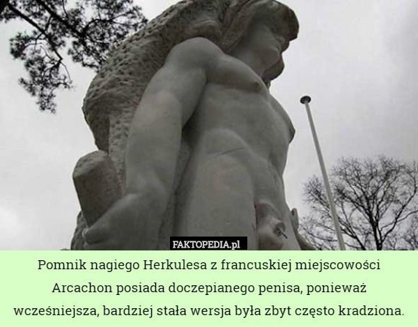Pomnik nagiego Herkulesa z francuskiej miejscowości Arcachon posiada doczepianego penisa, ponieważ wcześniejsza, bardziej stała wersja była zbyt często kradziona. 