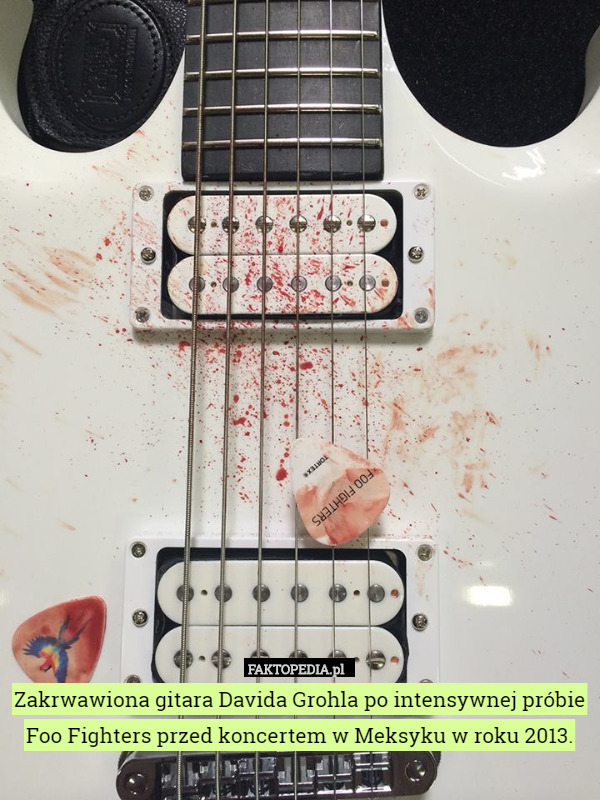 Zakrwawiona gitara Davida Grohla po intensywnej próbie Foo Fighters przed koncertem w Meksyku w roku 2013. 