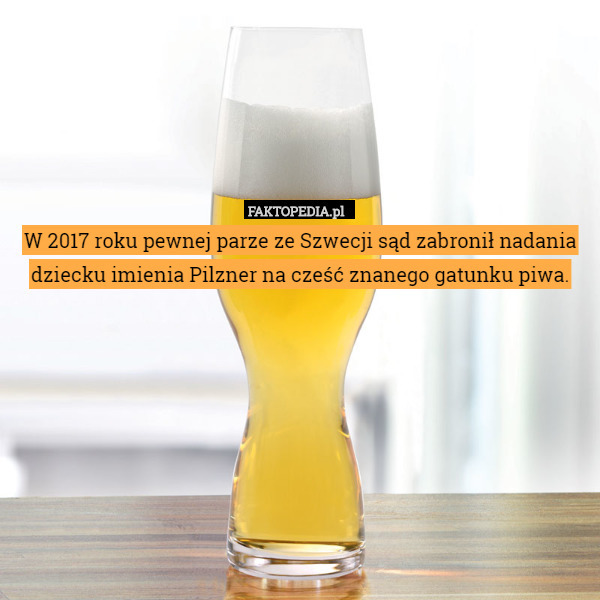 W 2017 roku pewnej parze ze Szwecji sąd zabronił nadania dziecku imienia Pilzner na cześć znanego gatunku piwa. 