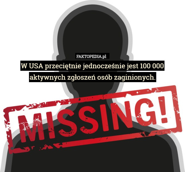 W USA przeciętnie jednocześnie jest 100 000 aktywnych zgłoszeń osób zaginionych. 