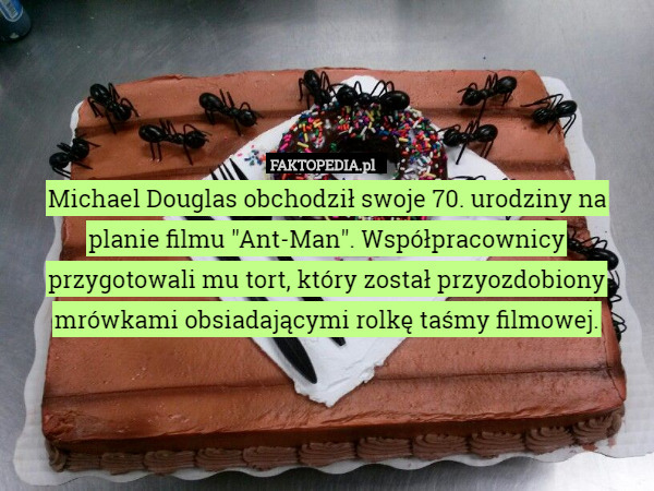 Michael Douglas obchodził swoje 70. urodziny na planie filmu "Ant-Man". Współpracownicy przygotowali mu tort, który został przyozdobiony mrówkami obsiadającymi rolkę taśmy filmowej. 