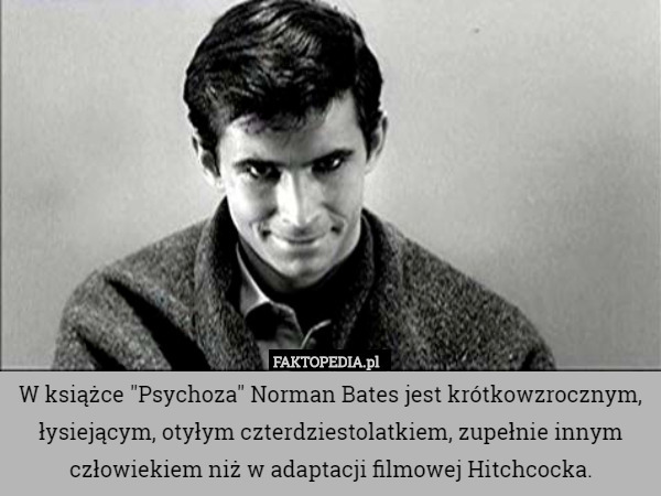 W książce "Psychoza" Norman Bates jest krótkowzrocznym, łysiejącym, otyłym czterdziestolatkiem, zupełnie innym człowiekiem niż w adaptacji filmowej Hitchcocka. 