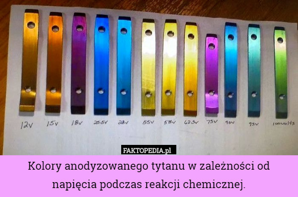 Kolory anodyzowanego tytanu w zależności od napięcia podczas reakcji chemicznej. 