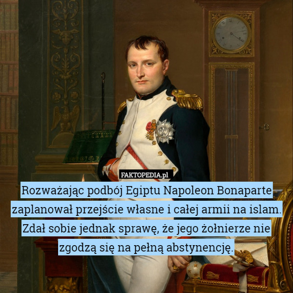 Rozważając podbój Egiptu Napoleon Bonaparte zaplanował przejście własne i całej armii na islam. Zdał sobie jednak sprawę, że jego żołnierze nie zgodzą się na pełną abstynencję. 